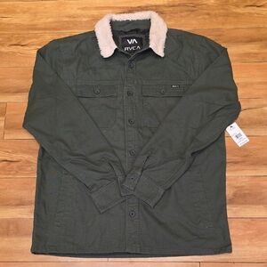 RVCA Size L Range Faux Shearling Collar Flannel Shirt Jacket Olive Green NEW